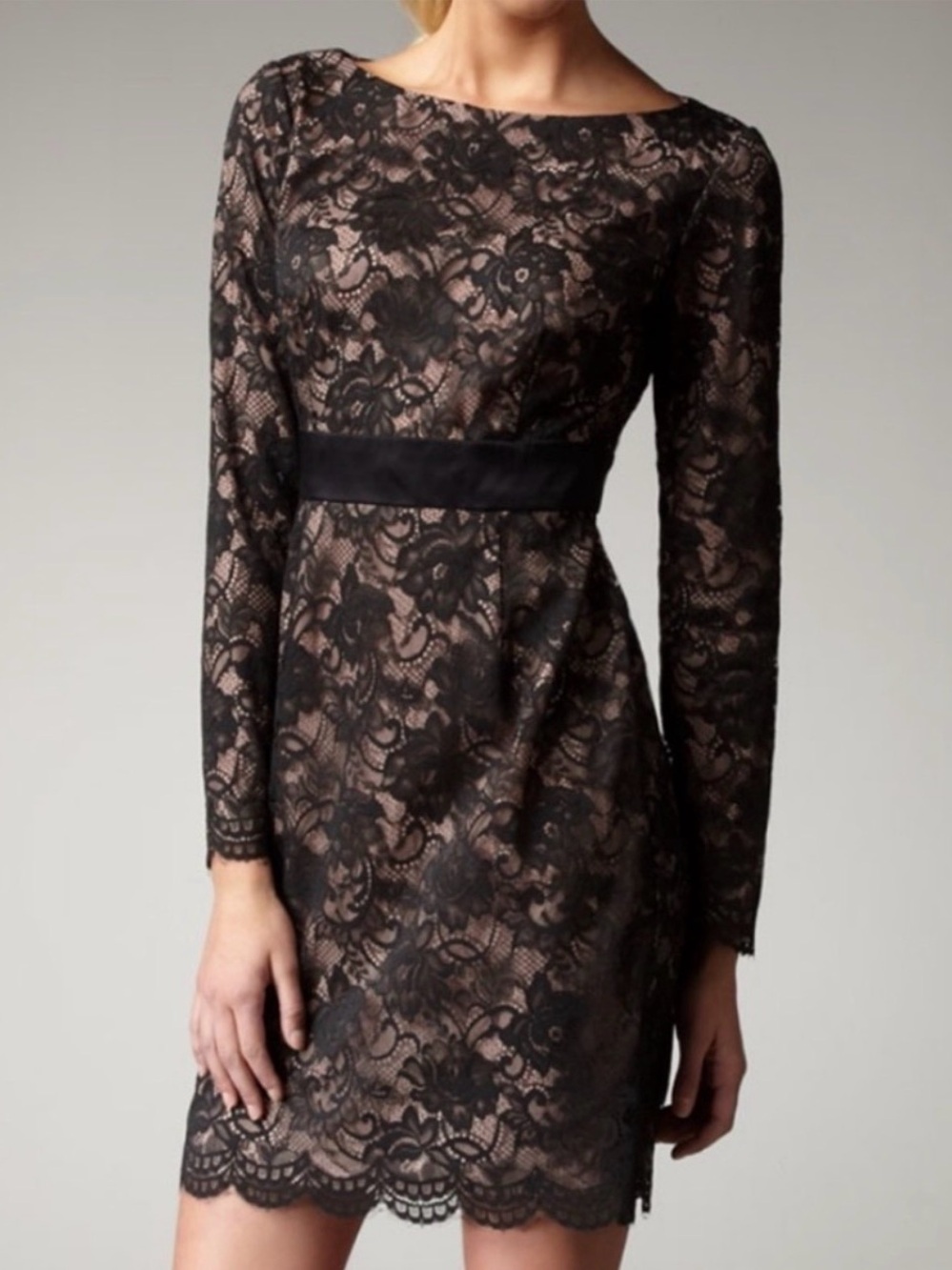 Trina Turk Black Lace Long-Sleeve Sheath Dress with Nude Lining